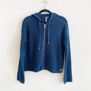 Sweaty Betty Zip Hooded Sweater Knit Mesh Blue Navy Organic Cotton Size Small